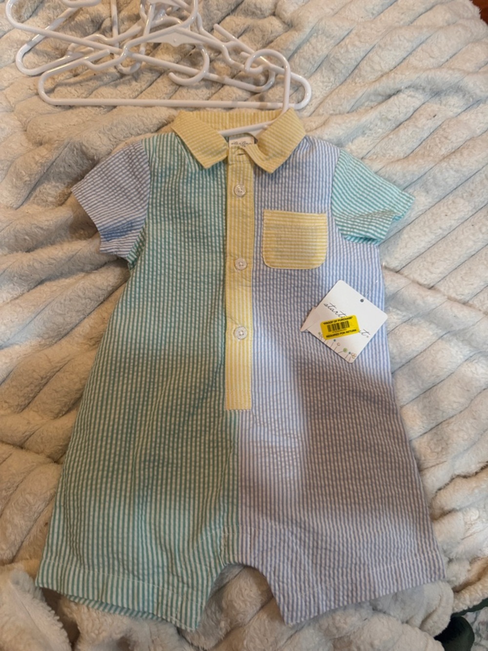 Starting Out Pastel Yellow, Blue & Green Seersucker One-Piece